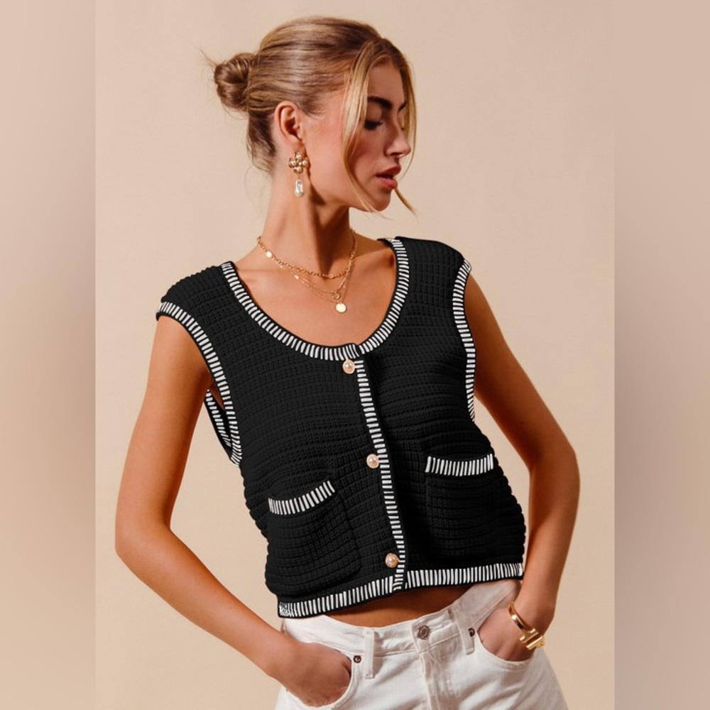 Black textured pearl rhinestone button pocket Sweater bohemian Tunic top blouse